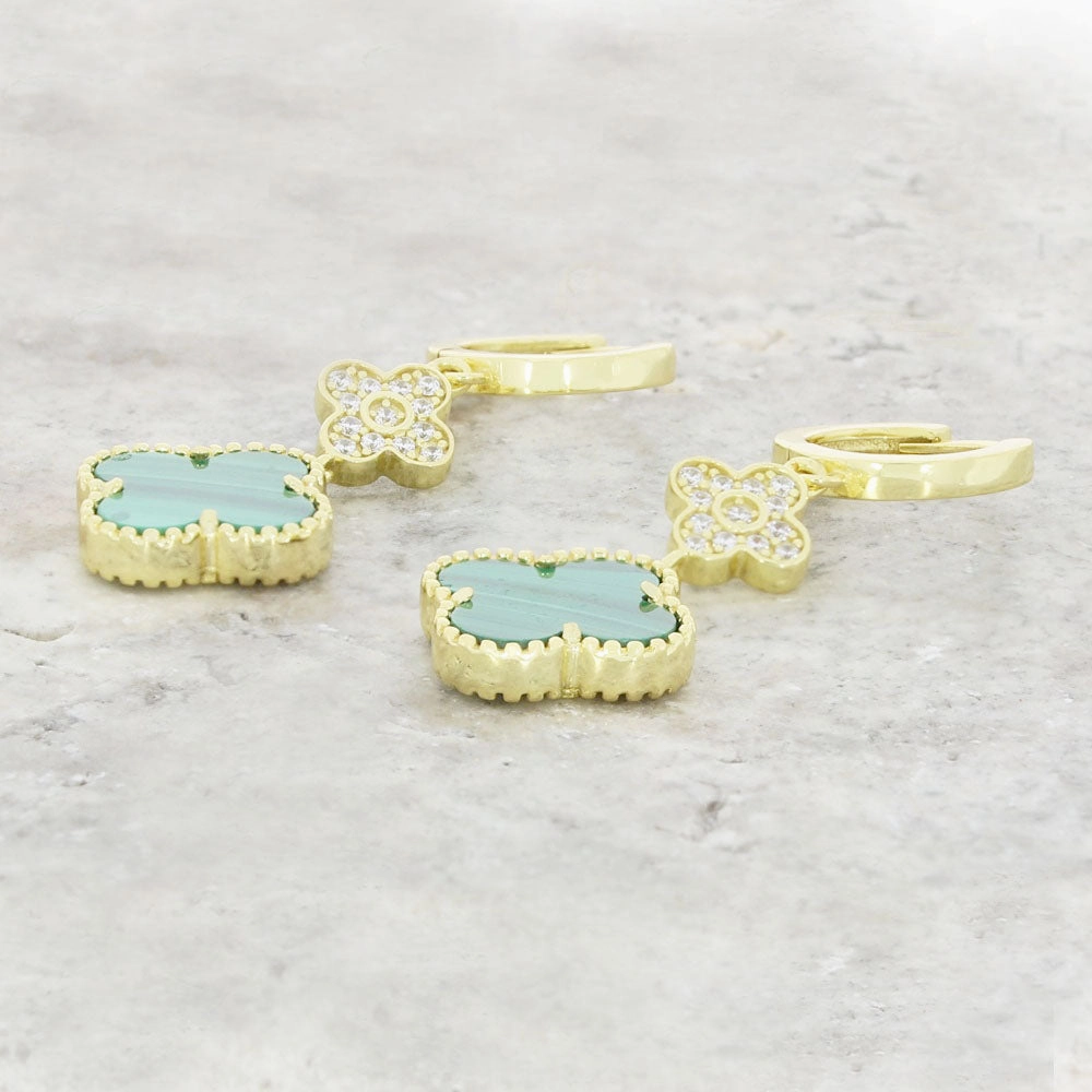 Four Leaf Clover Gold Plated Green Stone Huggie Earrings GVL067