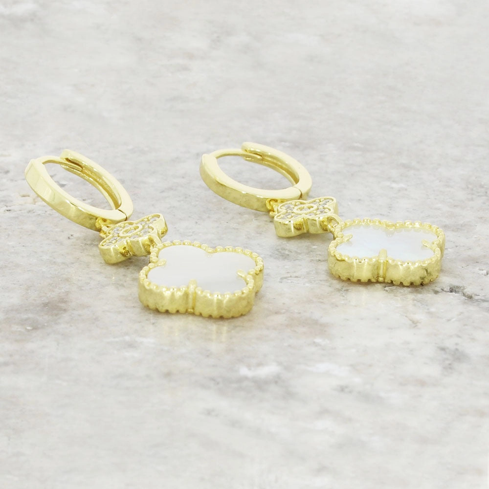 Four Leaf Clover Gold Plated Mother of Pearl Huggie Earrings GVL059