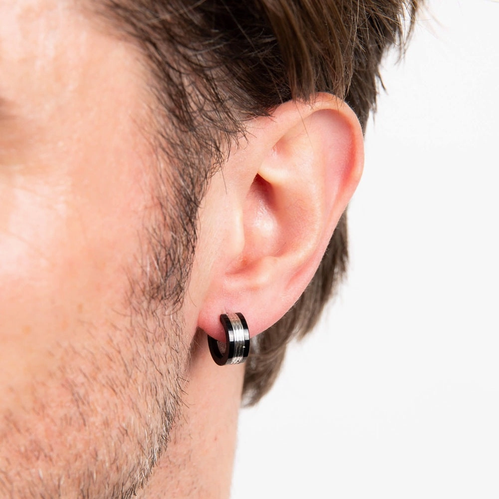 Fred Bennett Stainless Steel and Black PVD Huggie Hoop Earrings E6570B