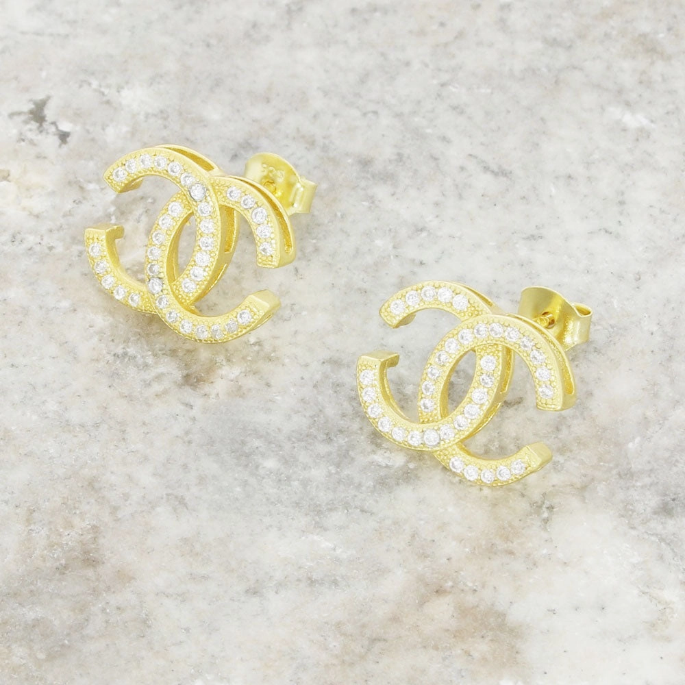 Gold Plated Double C Cubic Zirconia Stud Earrings GVL055