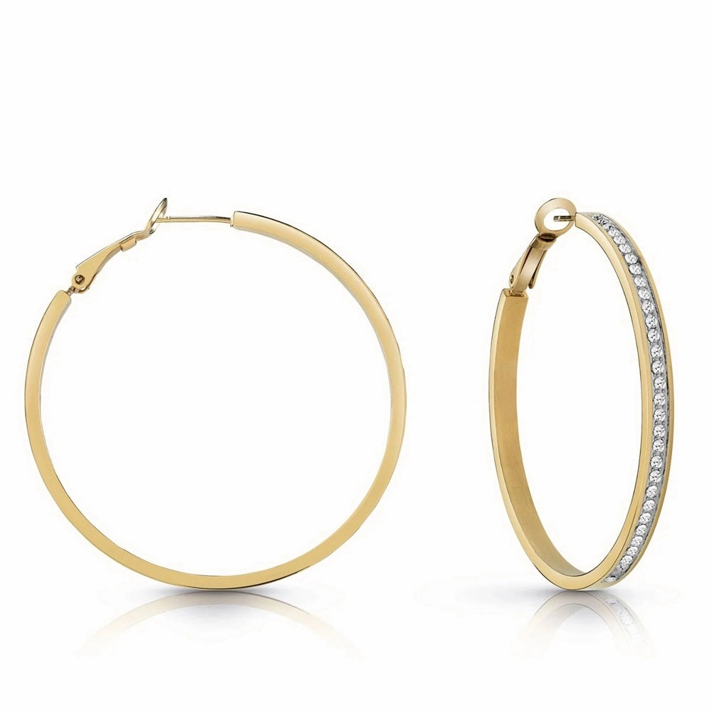 Guess Crystal Set Large Hoop Earrings JUBE02247JWYGT - Gold Tone