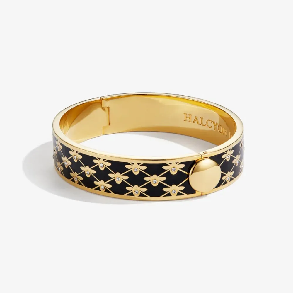 Halcyon Days 13mm Bee Sparkle Trellis Gold Hinged Enamel Bangle