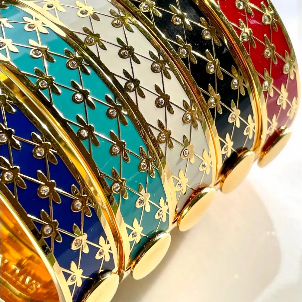 Halcyon Days 13mm Bee Sparkle Trellis Gold Hinged Enamel Bangle