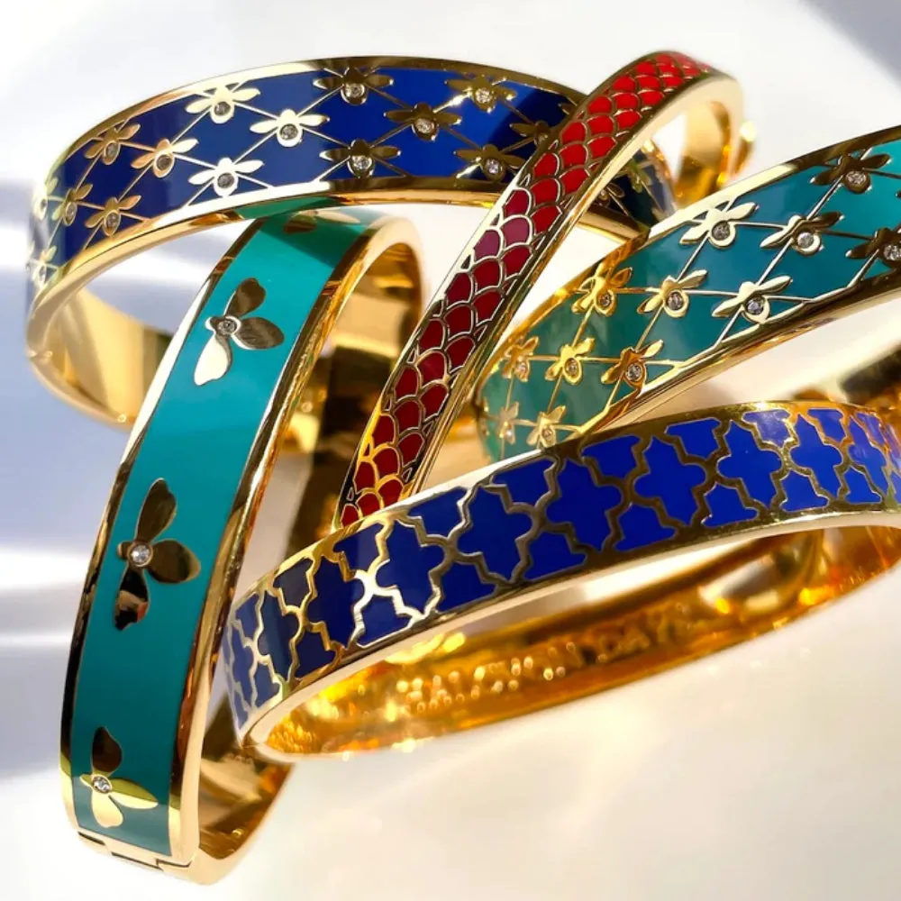 Halcyon Days 13mm Bee Sparkle Trellis Gold Hinged Enamel Bangle