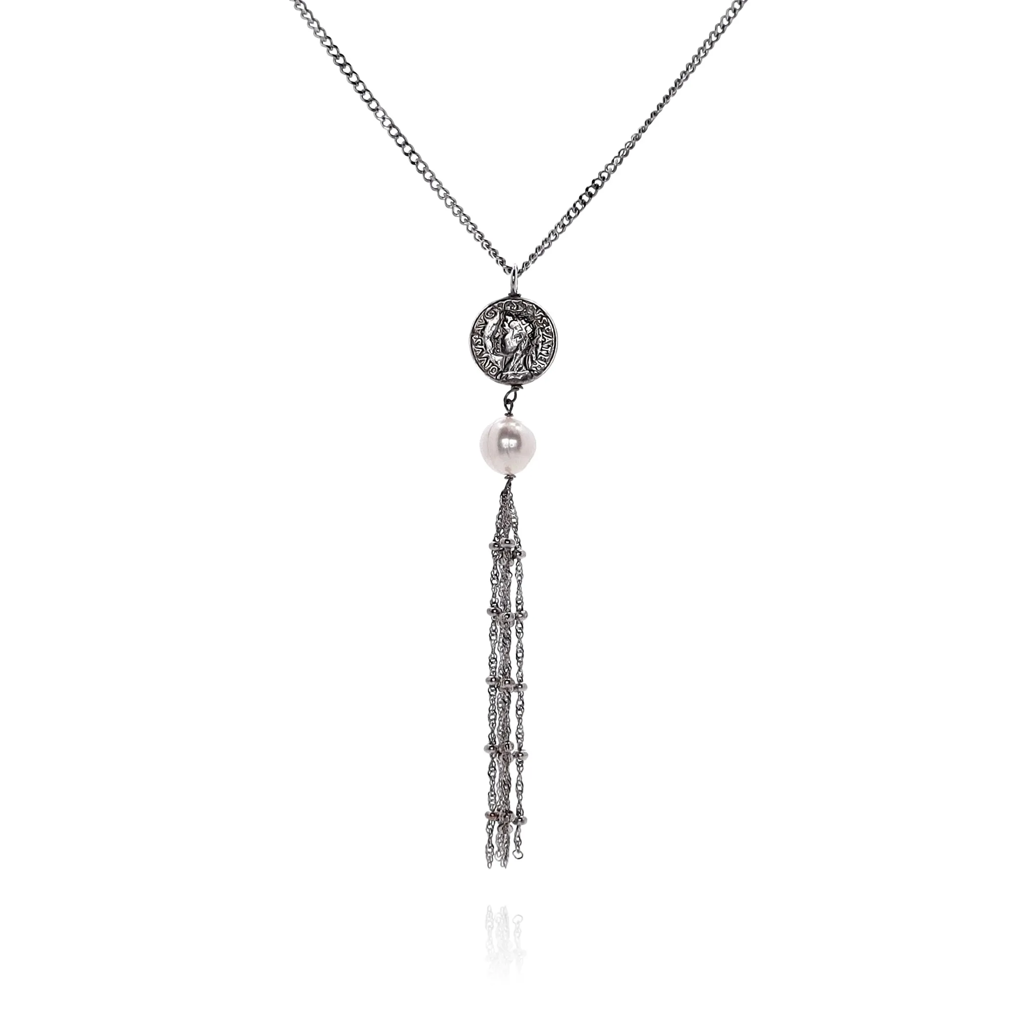 Honora Sterling Silver Coin and Pearl Tassel Pendant Necklace