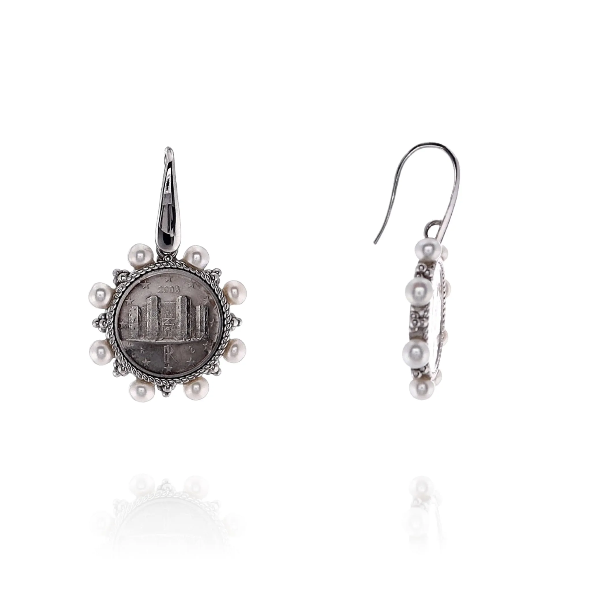 Honora Sterling Silver Coin Design Center and Button Pearl Drop Earrings