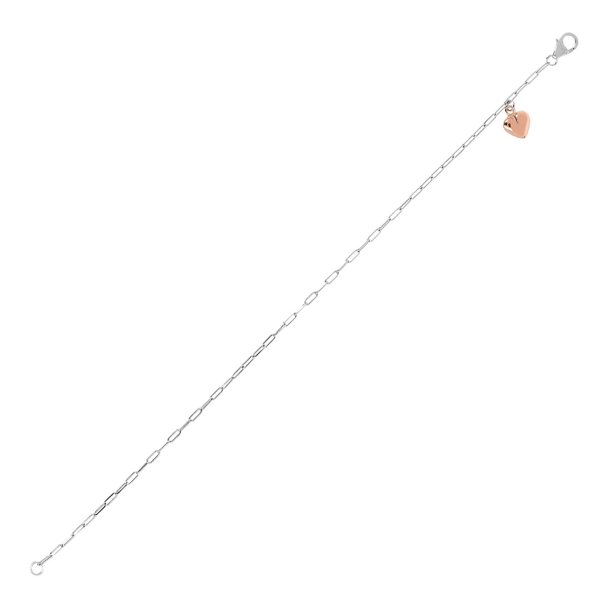 Italian Sterling Silver Paperclip Ankle Bracelet with Rose-Gold Heart