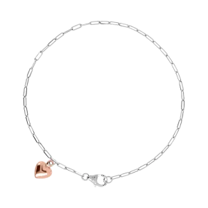 Italian Sterling Silver Paperclip Ankle Bracelet with Rose-Gold Heart