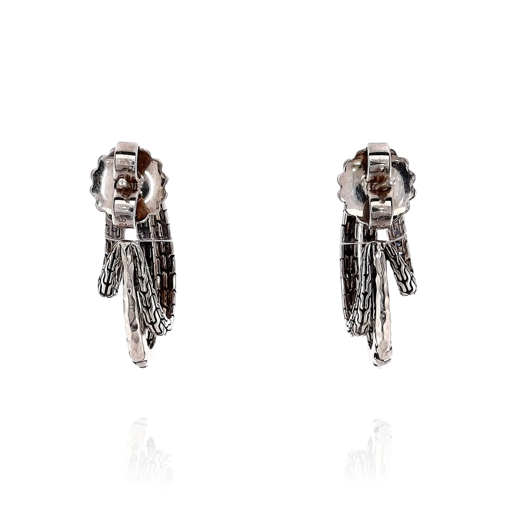 John Hardy Sterling Silver 3 Row Multi-Textured Sapphire Hoop Earrings