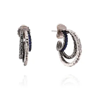 John Hardy Sterling Silver 3 Row Multi-Textured Sapphire Hoop Earrings