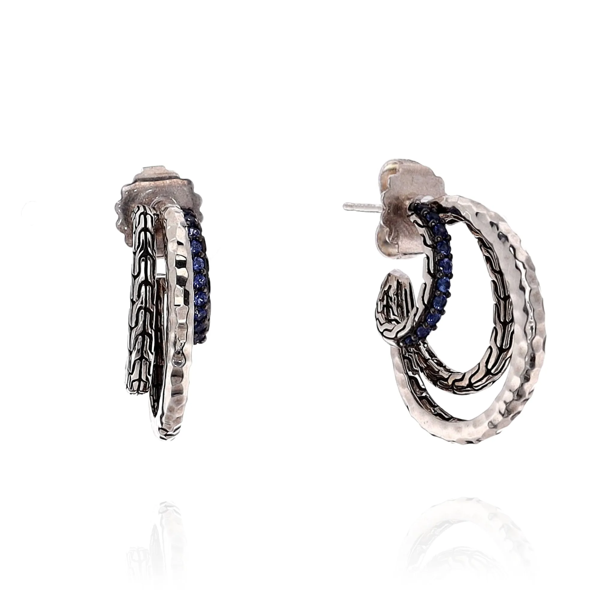 John Hardy Sterling Silver 3 Row Multi-Textured Sapphire Hoop Earrings