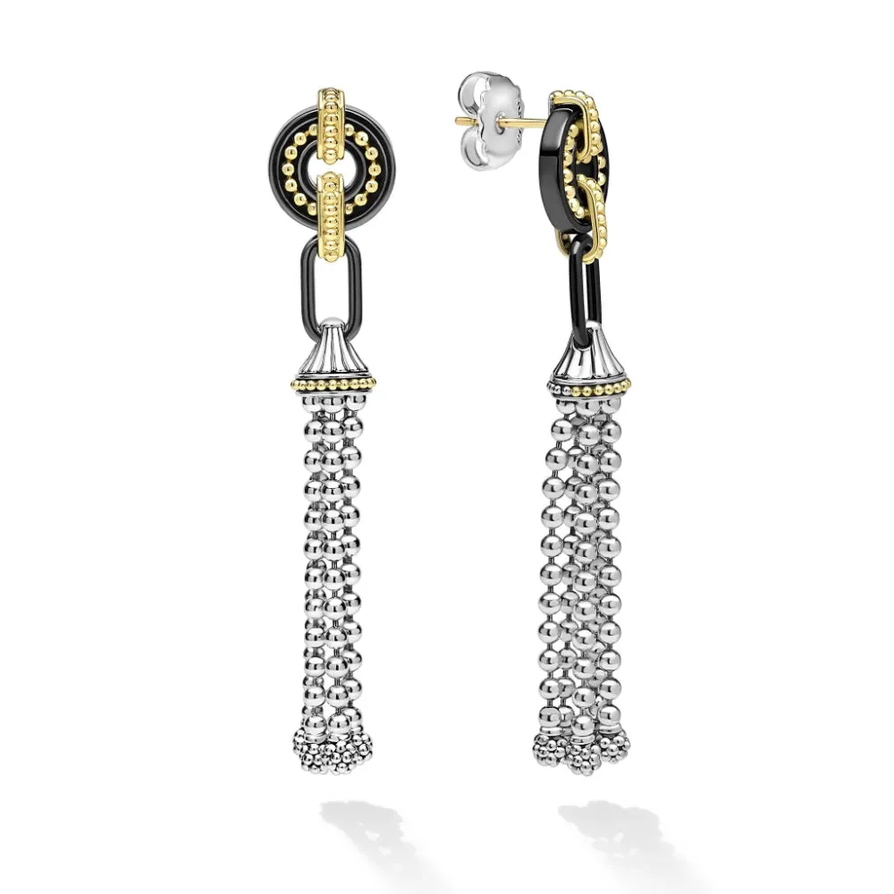 Lagos Black Caviar Two-Tone Black Ceramic Tassel Earrings