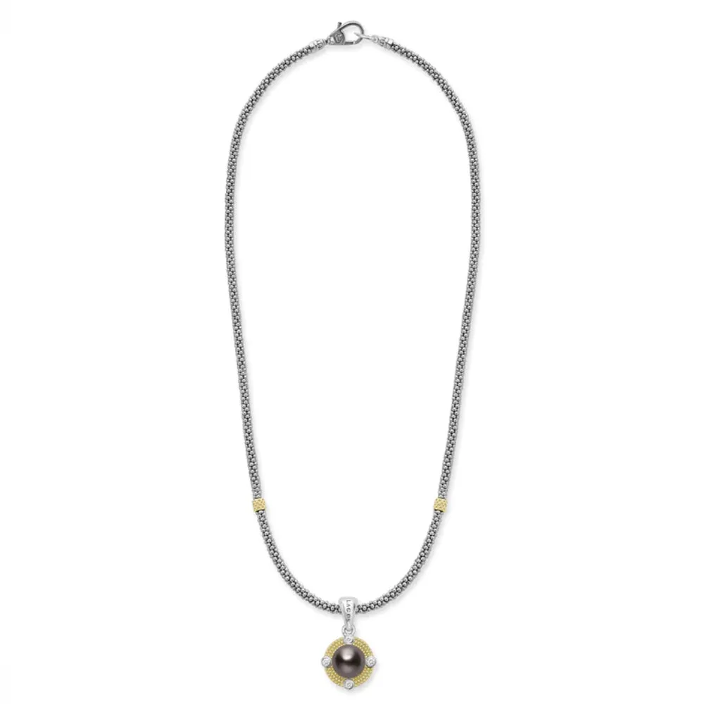 Lagos Luna Tahitian Black Pearl Diamond Caviar Necklace