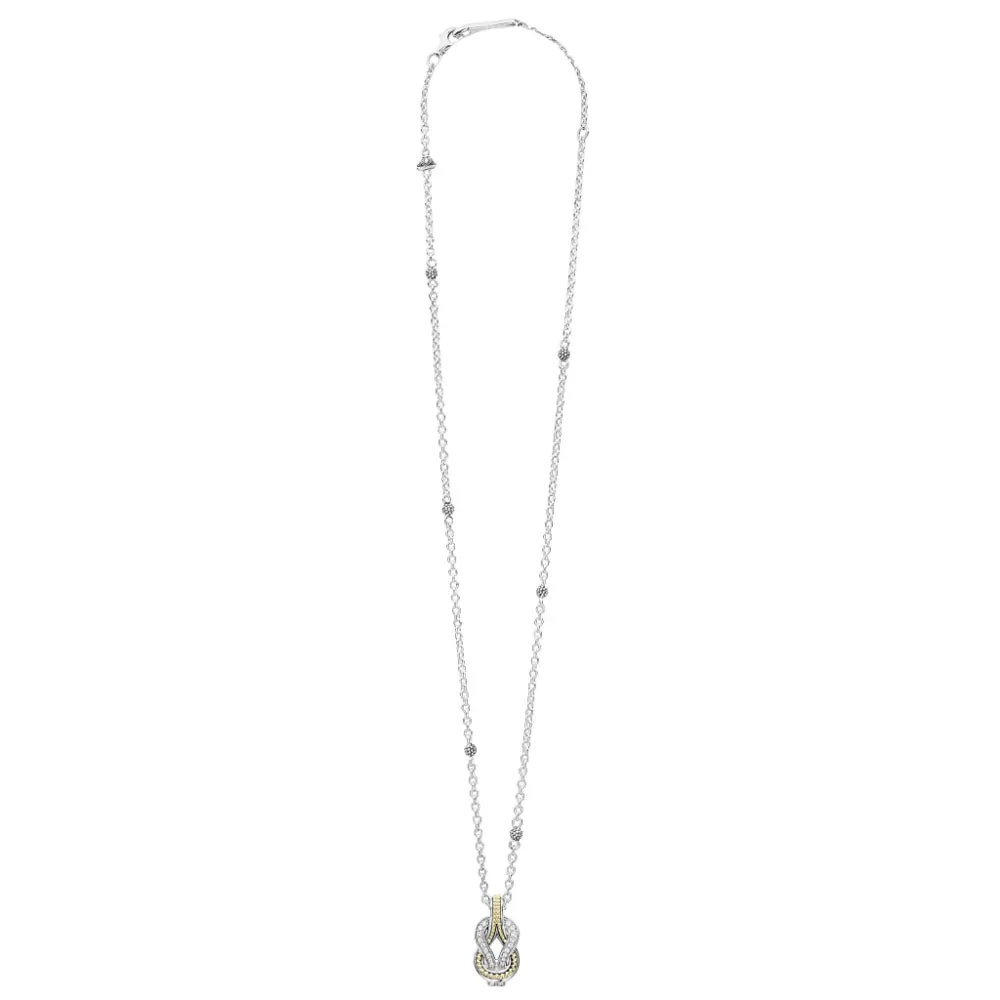 Lagos Newport Large Two Tone Knot Diamond Pendant Necklace 16"-18"