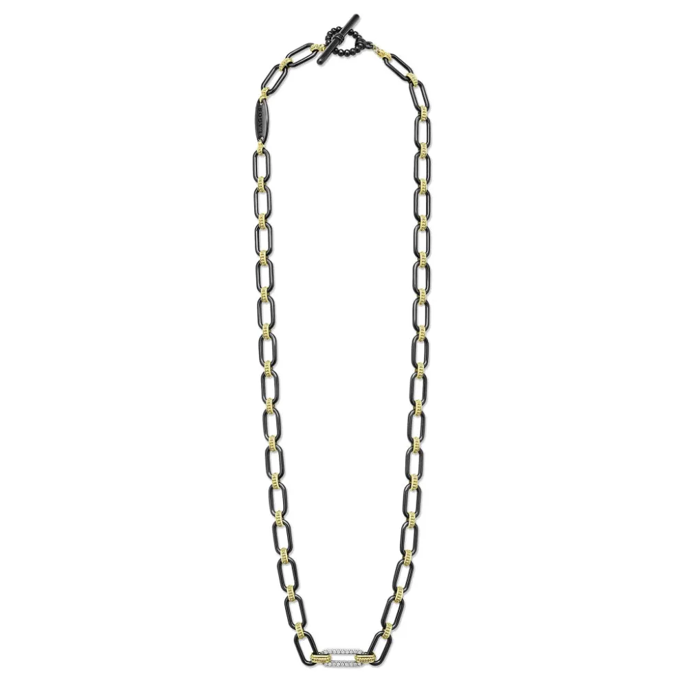 Lagos Signature Caviar 18k Gold & Black Ceramic Diamond Station Link Necklace, 6mm