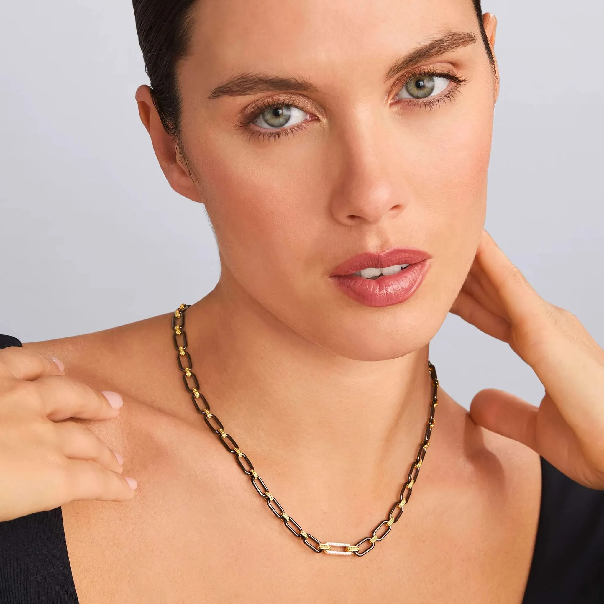 Lagos Signature Caviar 18k Gold & Black Ceramic Diamond Station Link Necklace, 6mm