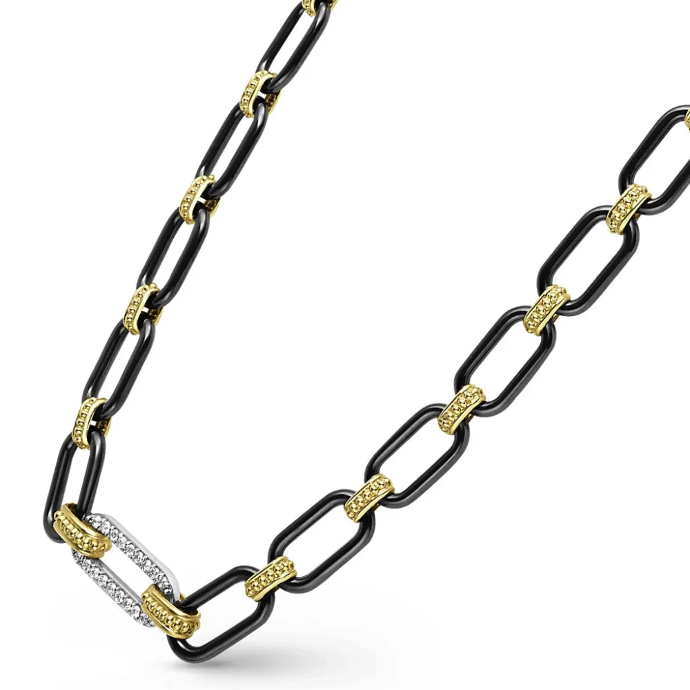 Lagos Signature Caviar 18k Gold & Black Ceramic Diamond Station Link Necklace, 6mm