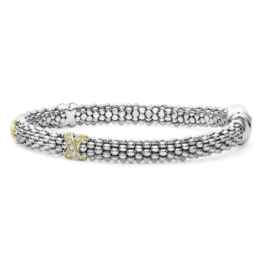 Lagos Three Station Gold X Diamond Caviar Bracelet