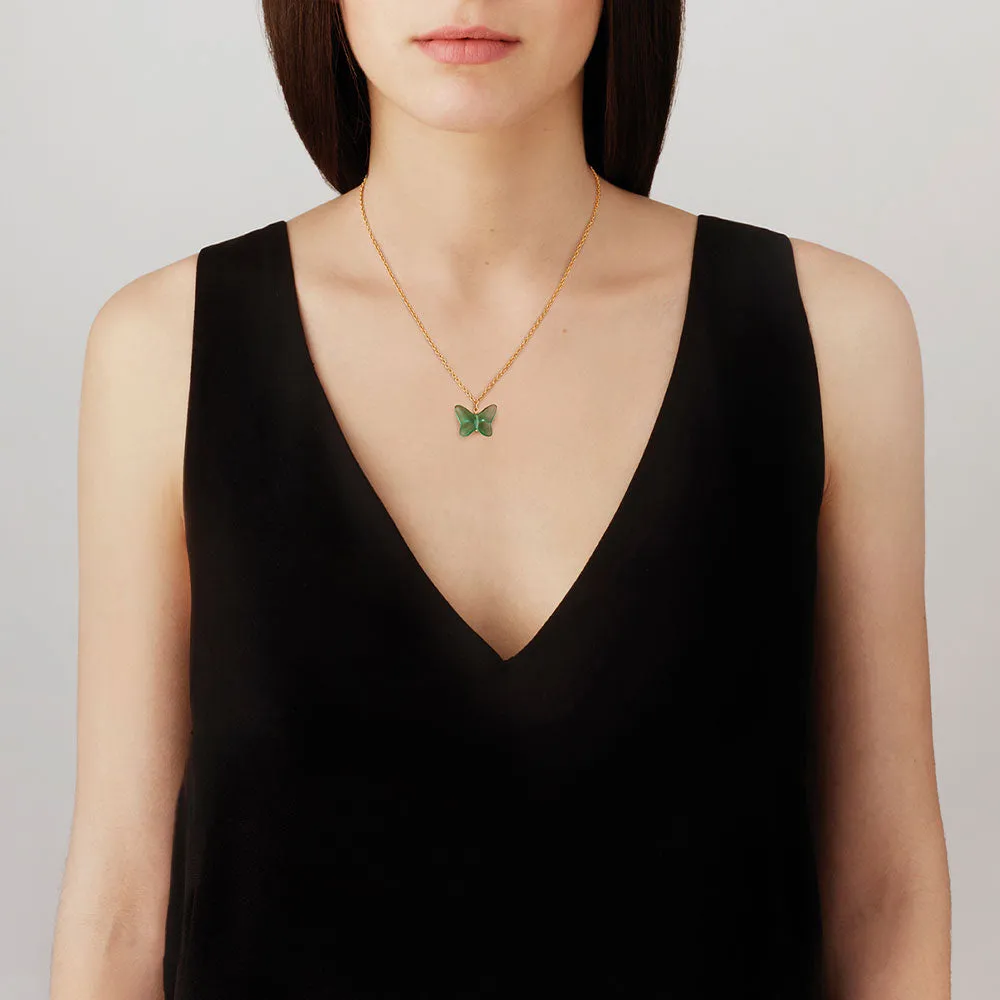 Lalique Butterfly Papillon Necklace, Green Crystal & 18k Gold Plated 10755000