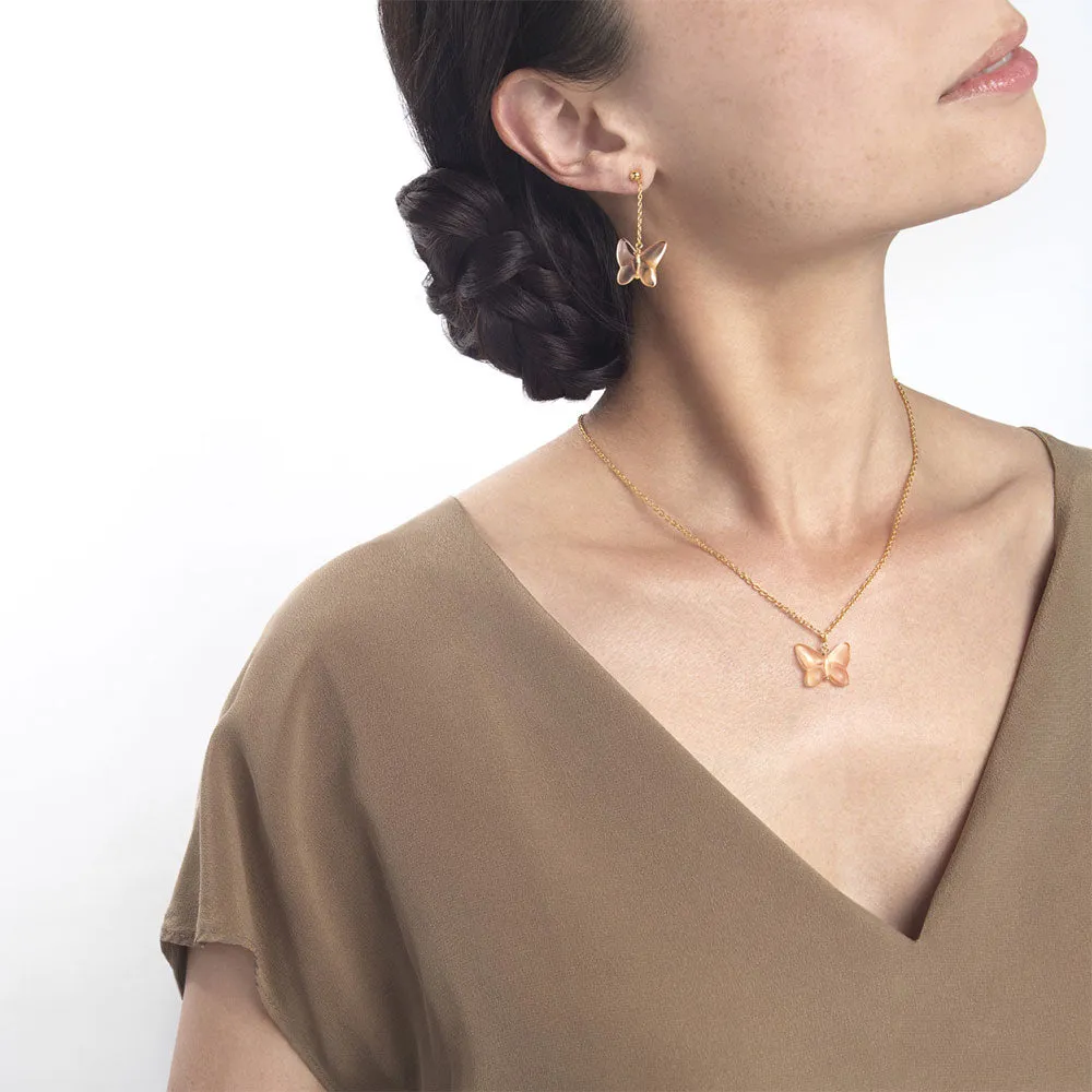 Lalique Butterfly Papillon Necklace, Peach Crystal & 18k Gold Plated 10754000