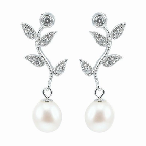 Lido Pearls White Freshwater Pearl and Cubic Zirconia Leaf Drop Earrings C22EW