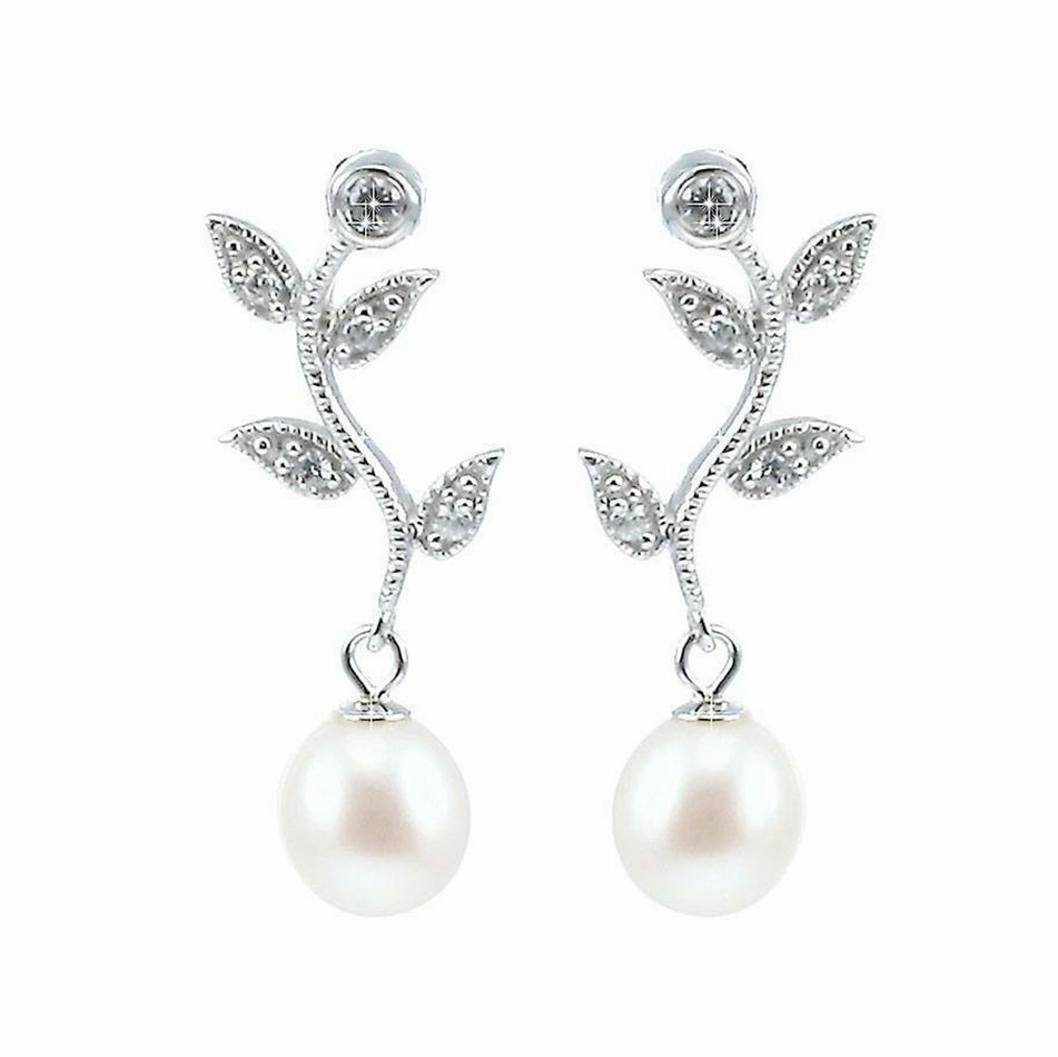 Lido Pearls White Freshwater Pearl and Cubic Zirconia Leaf Drop Earrings C22EW
