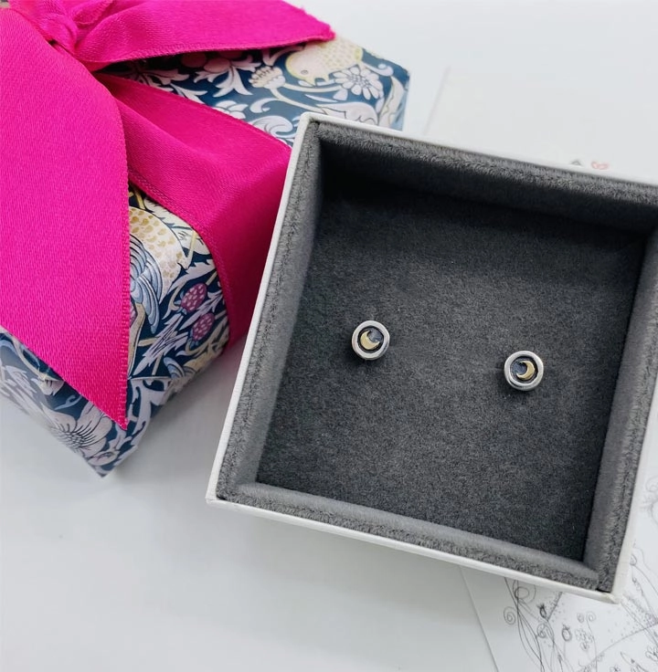 Linda MacDonald Sterling Silver and 9ct Gold Moon Stud Earrings Fox and the Moon Collection SMOON
