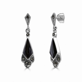 London Vintage Sterling Silver Marcasite and Onyx Drop Earrings