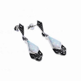London Vintage Sterling Silver Marcasite and Opal Drop Earrings