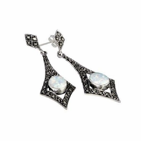 London Vintage Sterling Silver Marcasite and Opal Drop Earrings