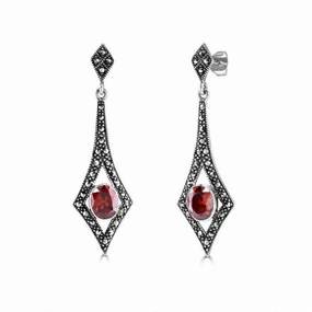 London Vintage Sterling Silver Marcasite and Red CZ Drop Earrings
