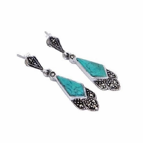 London Vintage Sterling Silver Marcasite and Turquoise Drop Earrings