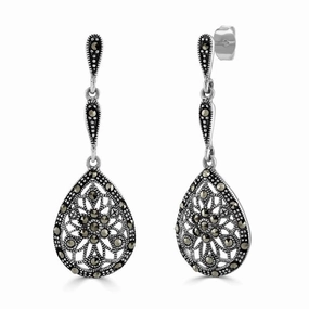 London Vintage Sterling Silver Marcasite Drop Earrings