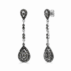 London Vintage Sterling Silver Marcasite Drop Earrings