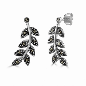 London Vintage Sterling Silver Marcasite Leaf Shaped Stud Earrings