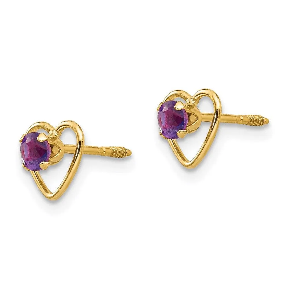 Madi K Kid's 14k  3mm Amethyst Birthstone Heart Earrings