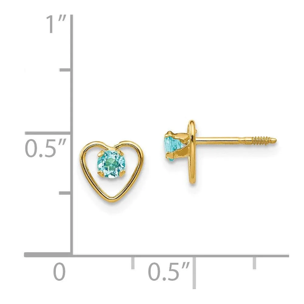 Madi K Kid's 14k  3mm Blue Zircon Birthstone Heart Earrings