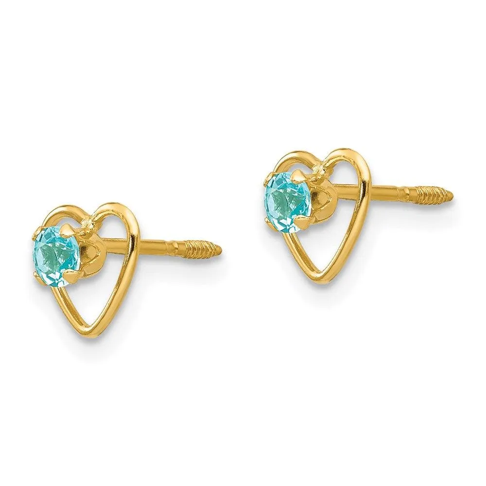 Madi K Kid's 14k  3mm Blue Zircon Birthstone Heart Earrings