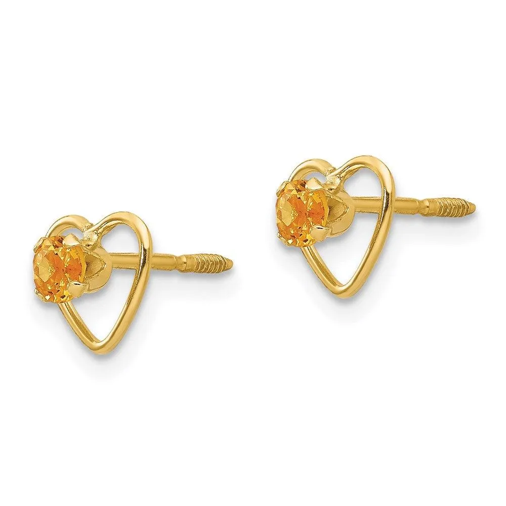 Madi K Kid's 14k  3mm Citrine Birthstone Heart Earrings
