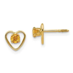 Madi K Kid's 14k  3mm Citrine Birthstone Heart Earrings