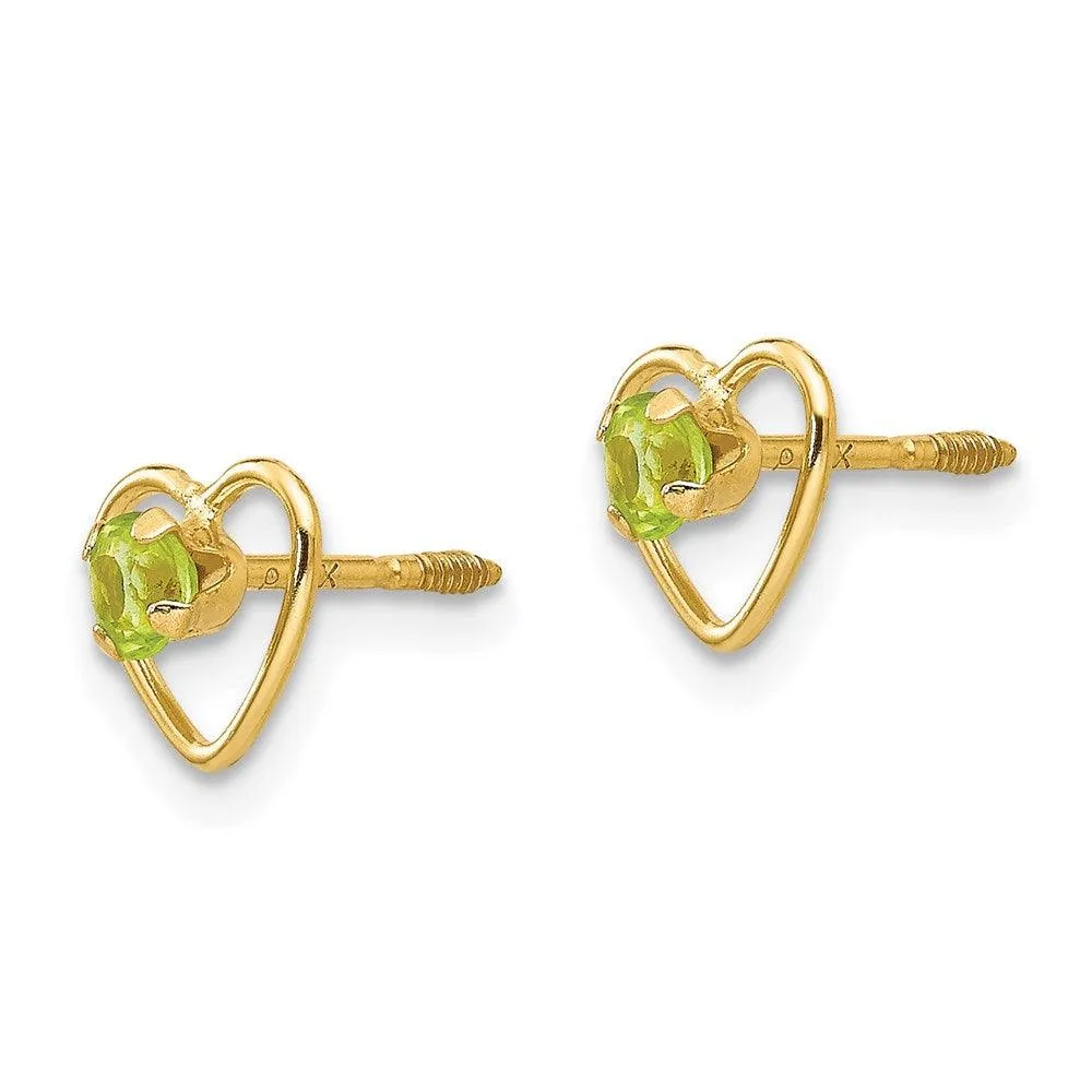 Madi K Kid's 14k  3mm Peridot Birthstone Heart Earrings