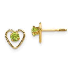 Madi K Kid's 14k  3mm Peridot Birthstone Heart Earrings