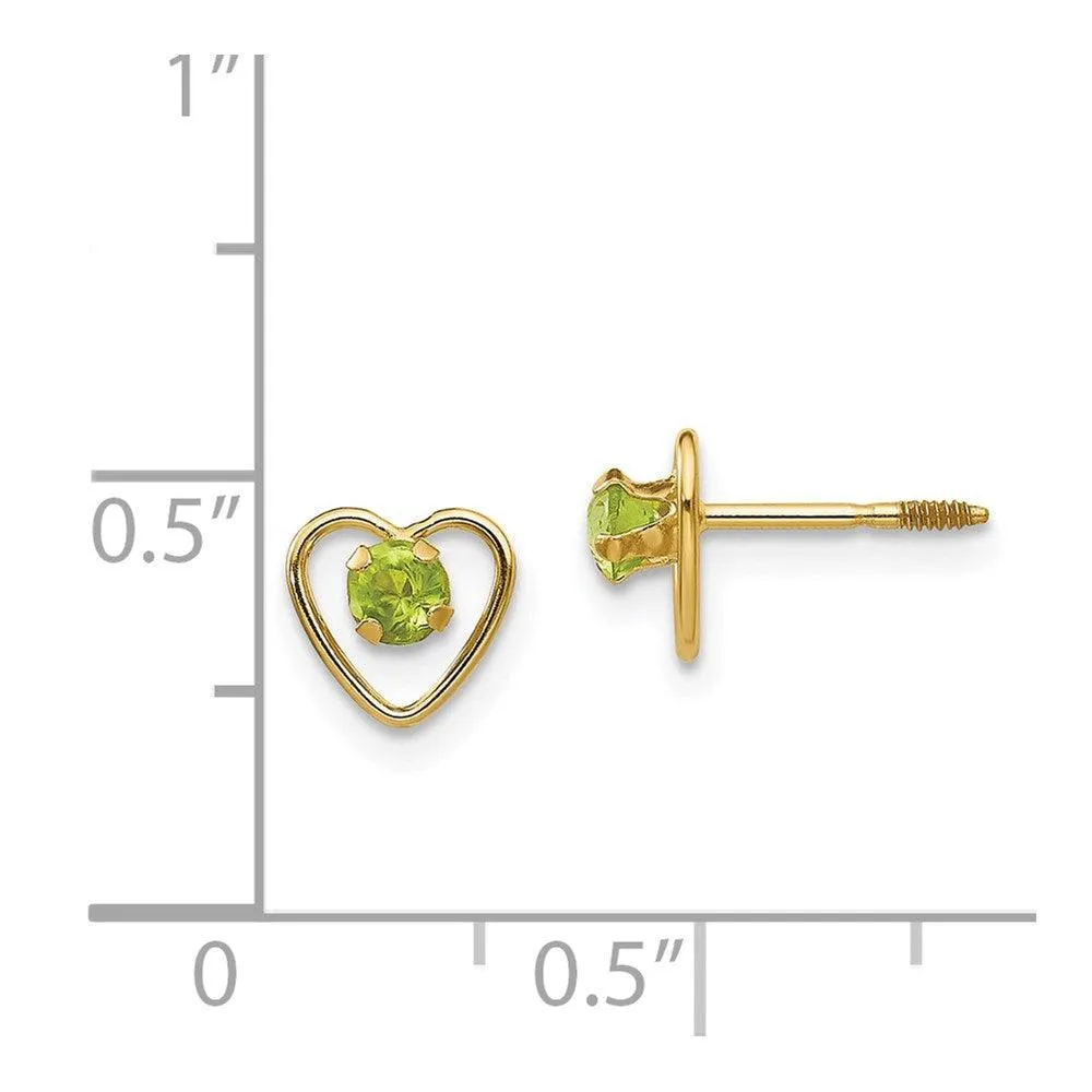 Madi K Kid's 14k  3mm Peridot Birthstone Heart Earrings