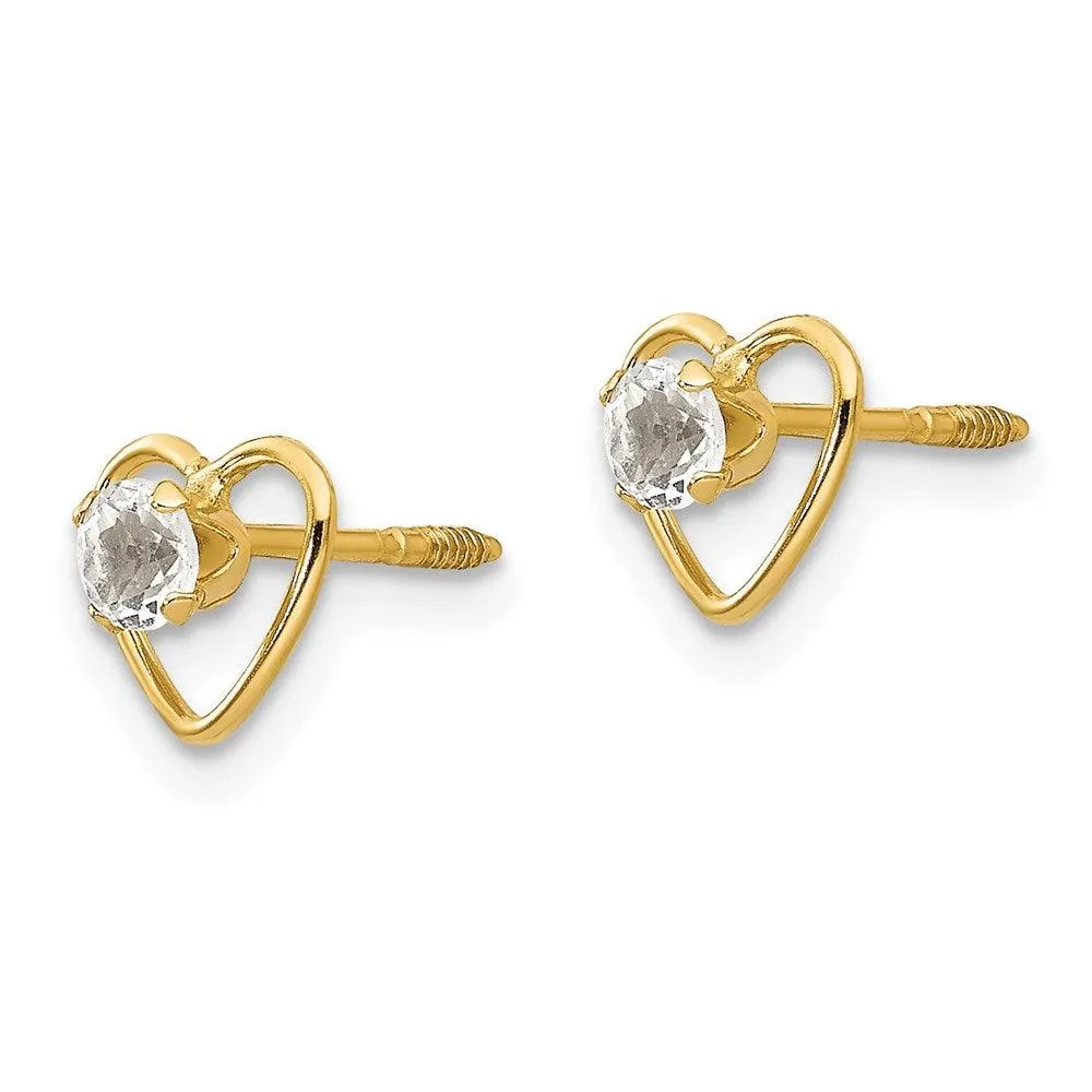 Madi K Kid's 14k  3mm White Zircon Birthstone Heart Earrings