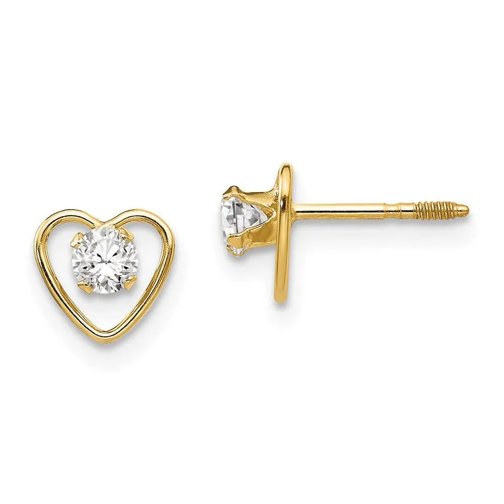 Madi K Kid's 14k  3mm White Zircon Birthstone Heart Earrings