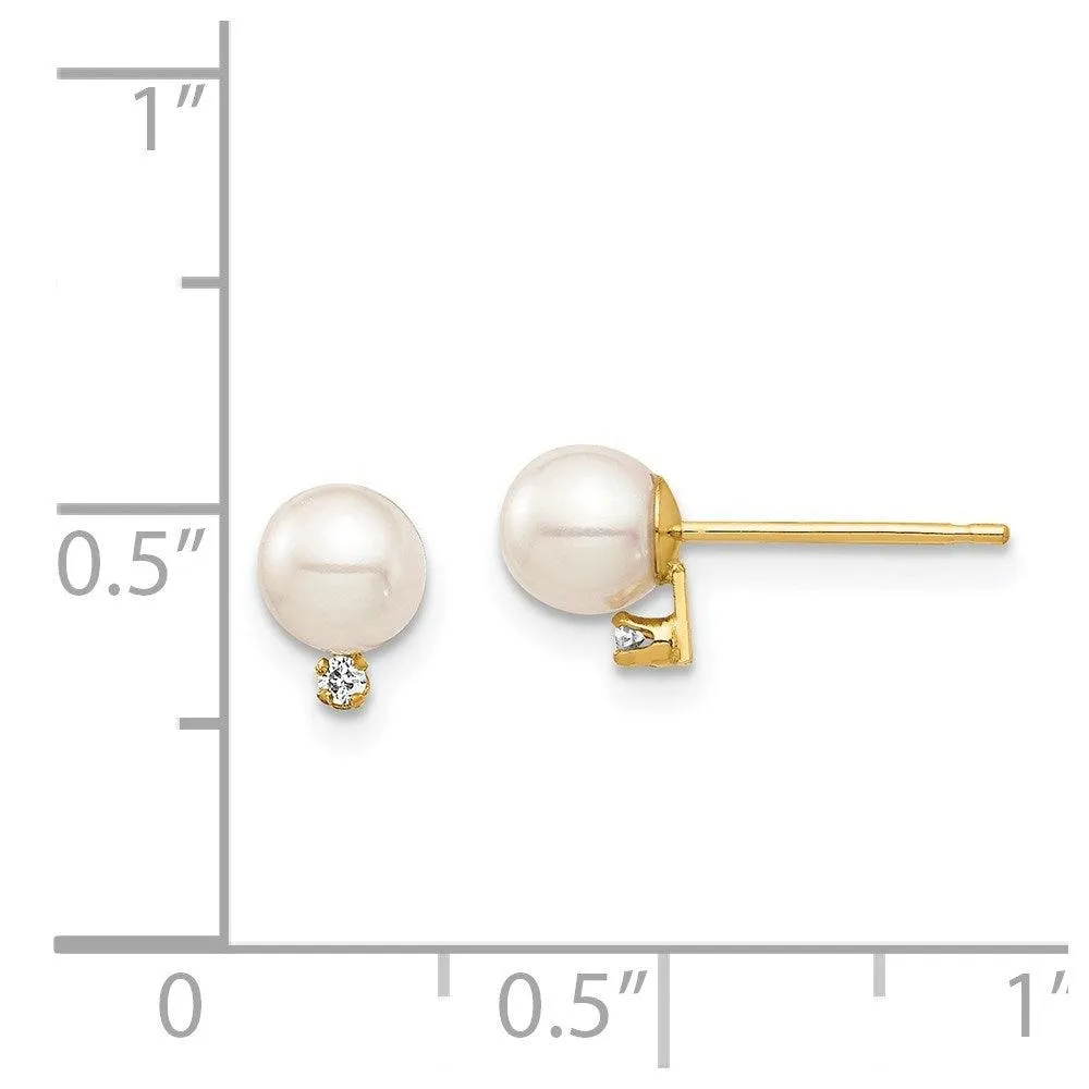 Madi K Kid's 14K  4-5mm White Round FW Cultured Pearl .02ct Diamond Post Earrings