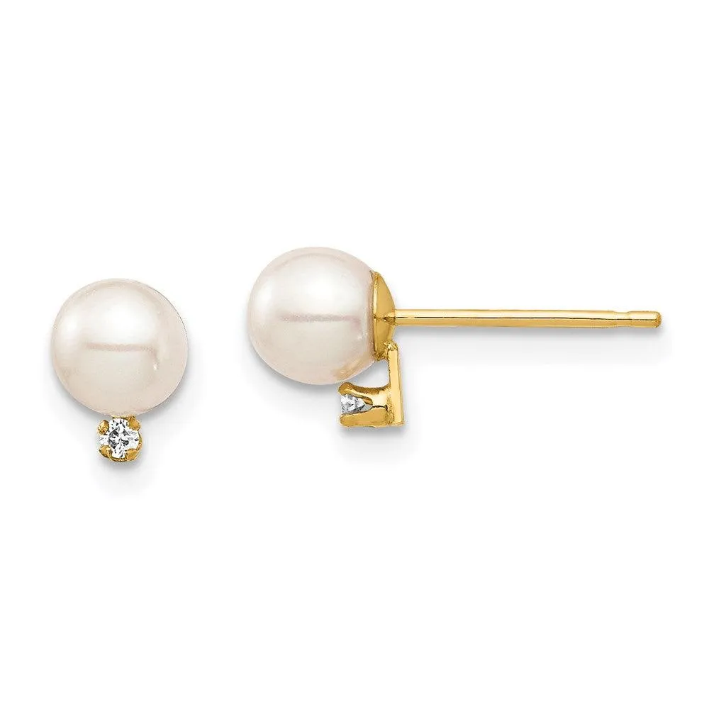 Madi K Kid's 14K  4-5mm White Round FW Cultured Pearl .02ct Diamond Post Earrings