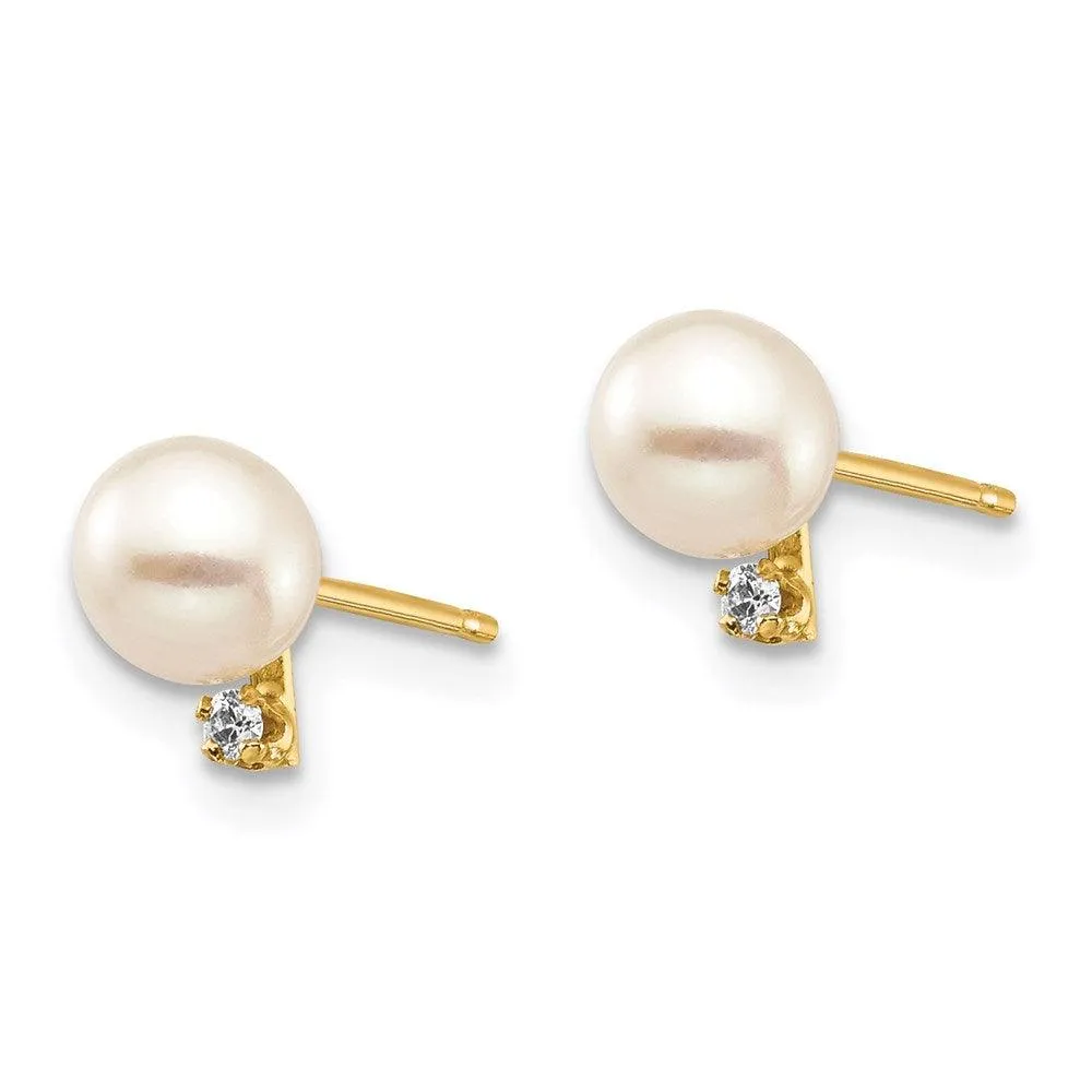 Madi K Kid's 14K  4-5mm White Round FW Cultured Pearl .02ct Diamond Post Earrings