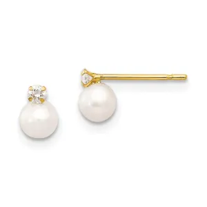 Madi K Kid's 14k  5-6mm Near Round FW Cultured Pearl CZ Post Earrings