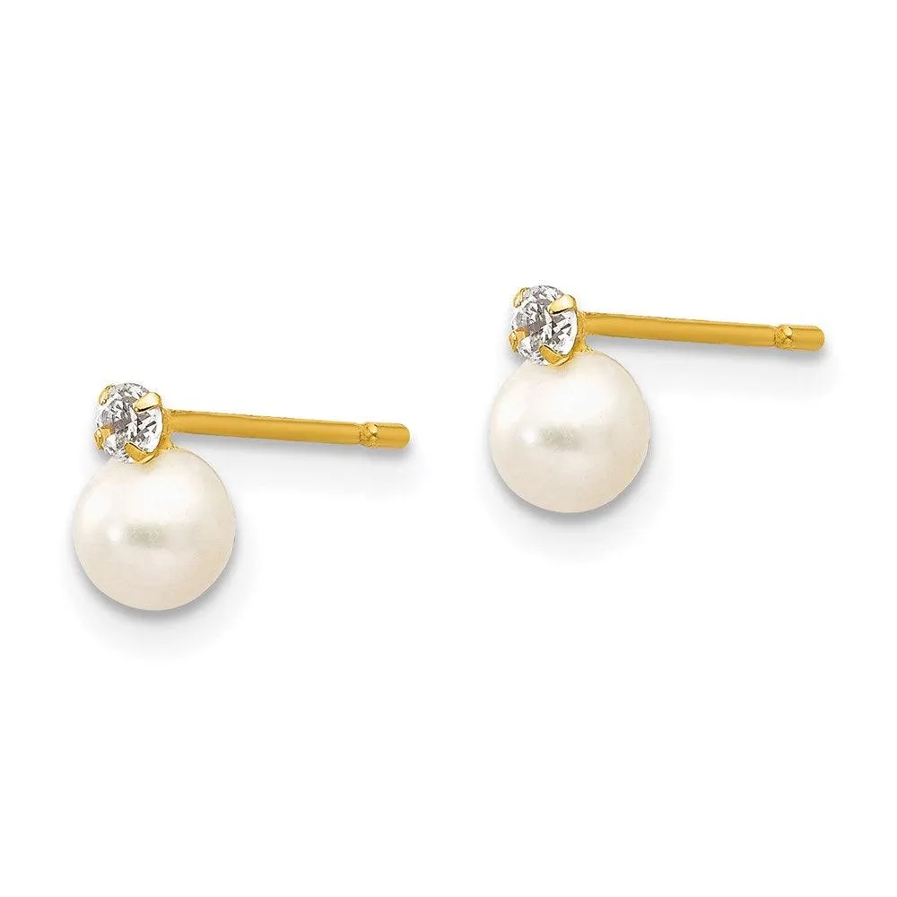 Madi K Kid's 14k  5-6mm Near Round FW Cultured Pearl CZ Post Earrings